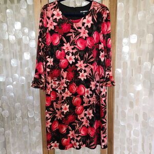 Karl Lagerfeld Paris XL Floral Sheath Dress Ruffle Sleeve Black Pink Stretch
